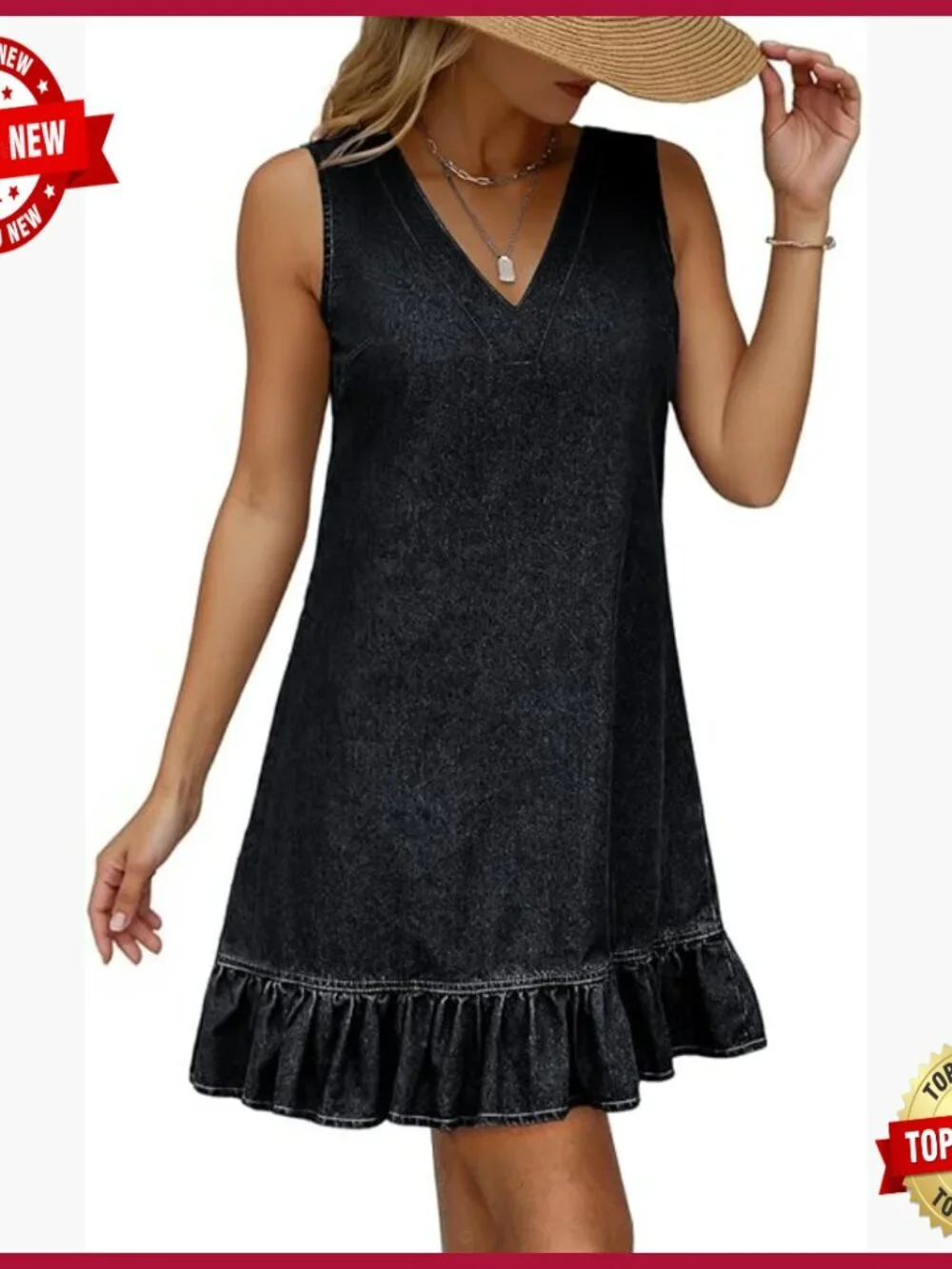 Sleeveless V-Neck Denim Mini Dress A-Line Ruffle Hem Casual Summer